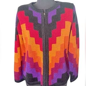 Peruvian Alpaca Zip up Cardigan, geometric‎ rainbow pattern, size Small